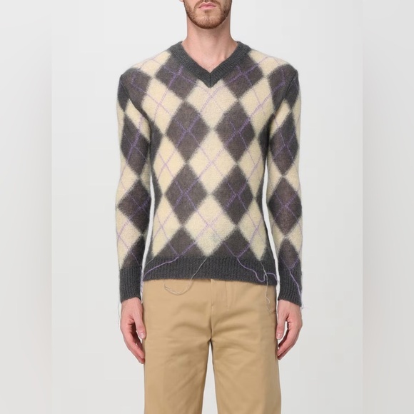 497 Nwt Marni Argyle-pattern V-neck wool-blend jumper Size 54 Color Grey Yellow - Picture 1 of 11